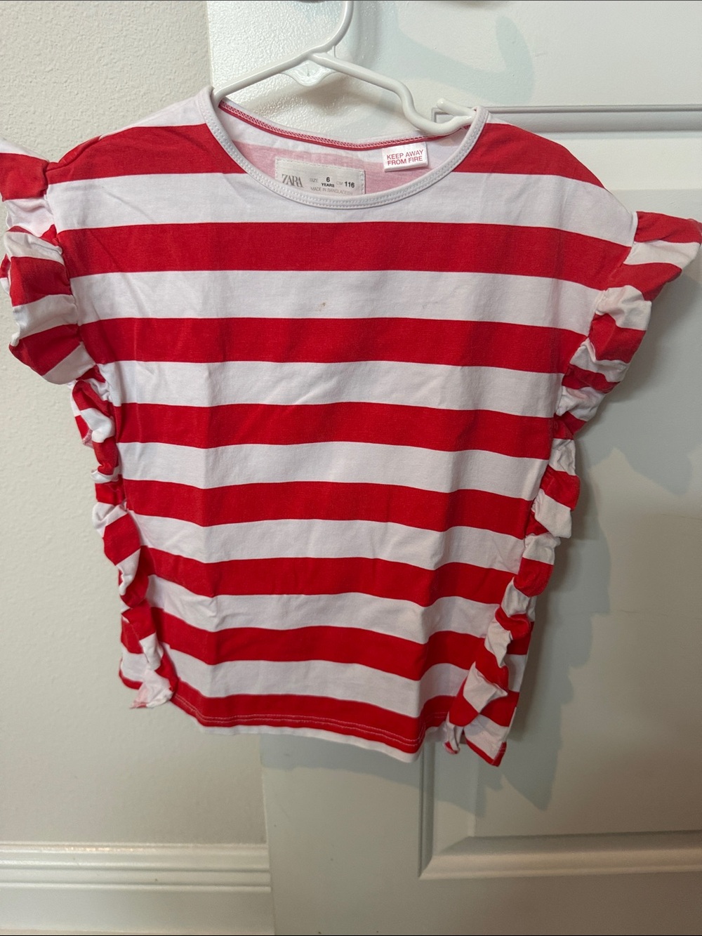 Zara Red & White Striped Ruffle Sleeve Tee